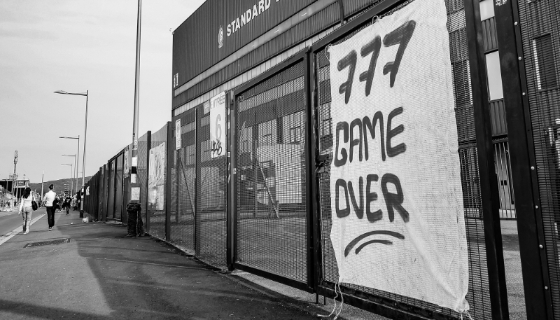 A protest banner at Belgium's Standard Liège football club, which is owned by 777 Partners.