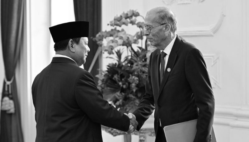 Indonesian President Prabowo Subianto (L) receives François Corbin, special representative of the French minister of Europe and foreign affairs for economic relations with ASEAN countries, on 21 October 2024 in Jakarta.
