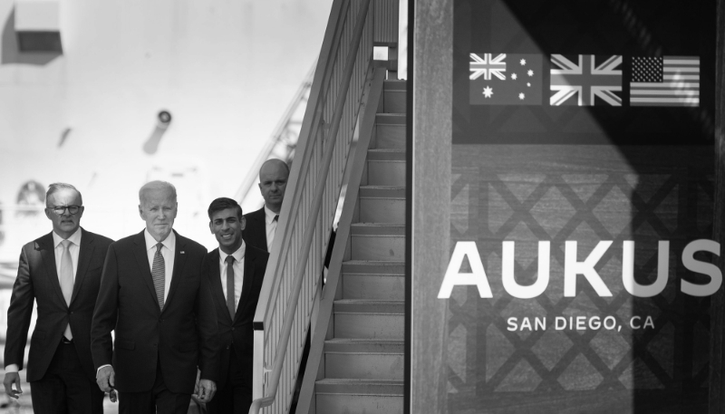Australian Prime Minister Anthony Albanese, his British counterpart Rishi Sunak and US President Joe Biden at a meeting about AUKUS, 13 March 2023.