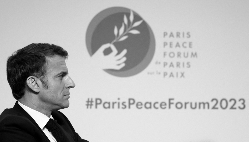 French President Emmanuel Macron at the opening ceremony of the Paris Peace Forum in Paris on 10 November 2023.