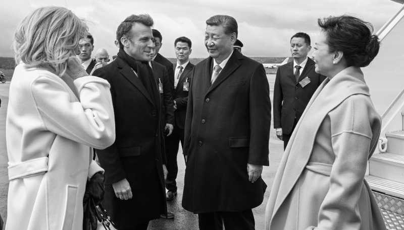 French President Emmanuel Macron and his wife Brigitte Macron welcomed the Chinese leader Xi Jinping and his wife Peng Liyuan at Tarbes airport in France on 7 May 2024. 