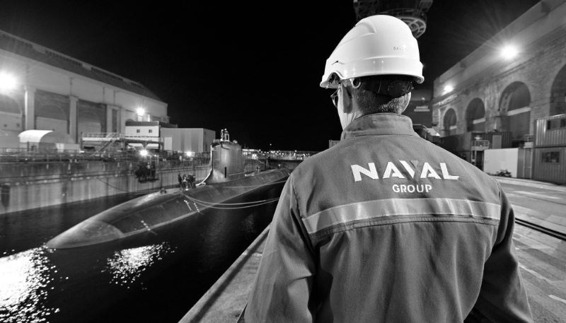 One of French shipbuilder Naval Group's attack submarines during the early stages of its first outing at the sea, at Cherbourg naval base in northern France, on 23 March 2023.