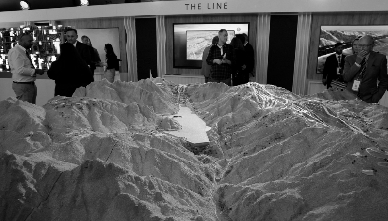 A model of Saudi mega-project Neom's Trojena mountains, presented at MIPIM trade fair in Cannes, France, on 14 March 2024. A French firm drilling tunnels for the futuristic city is now at the heart of negotiations between Islamabad and Riyadh over one of the world's largest mines in Pakistan. 