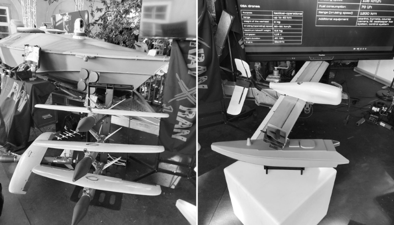 On the left, a Katran X1 naval drone, and on the right, a Katran FPV reconnaissance drone, presented at the annual Ukrainian IT Arena tech conference, September 2024.