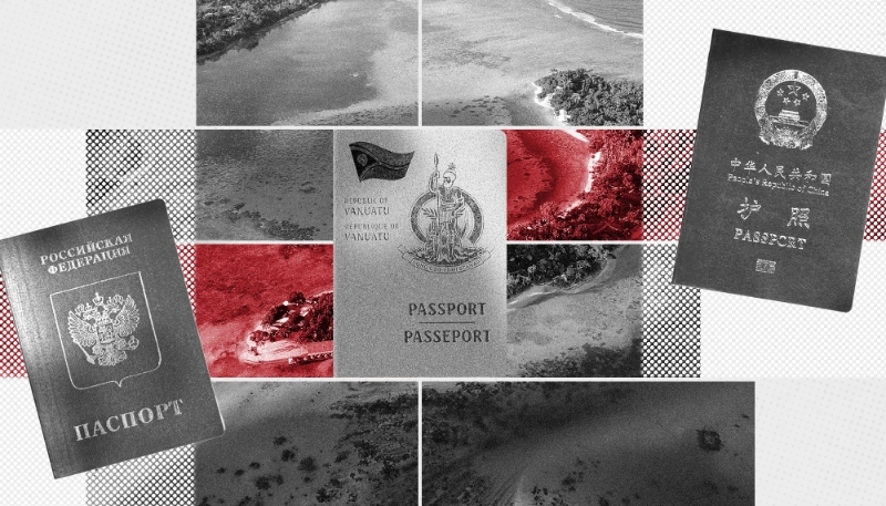 Aerial view of Vanuatu, with Russian, Vanuatu and Chinese passports.