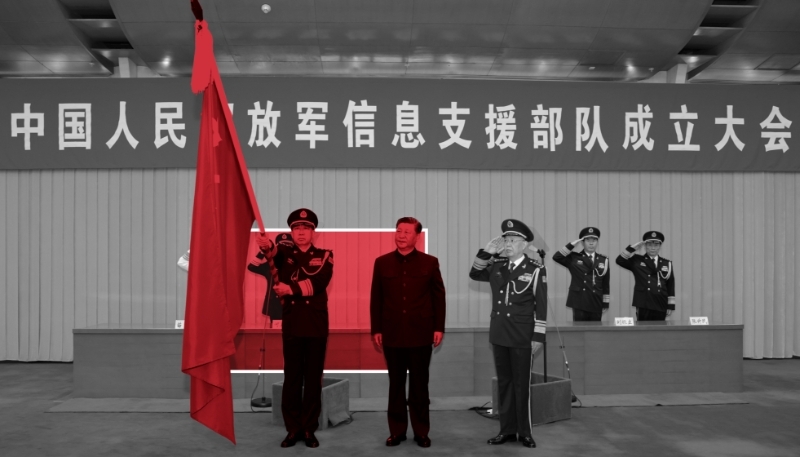 Chinese President Xi Jinping (right) and Lieutenant-General Bi Yi (holding the flag), during a ceremony of the Information Support Force of the Chinese People's Liberation Army (PLA) in Beijing, 19 April 2024.