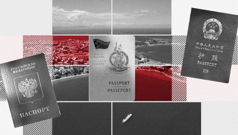 Aerial view of Nouméa (New Caledonia), with Russian, Vanuatu and Chinese passports.