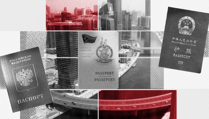 Aerial view of Dubai, with Russian, Vanuatu and Chinese passports.